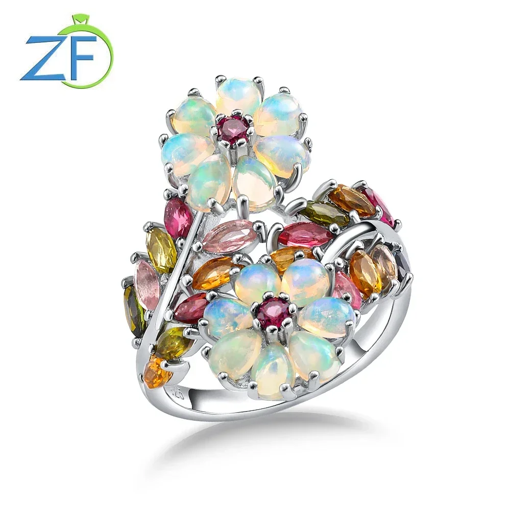 

GZ ZONGFA Authentic 925 Sterling Silve Flower Rings for Women Natural Opal Tourmaline 3ct Gems Colorful Trendy Fine Jewelry