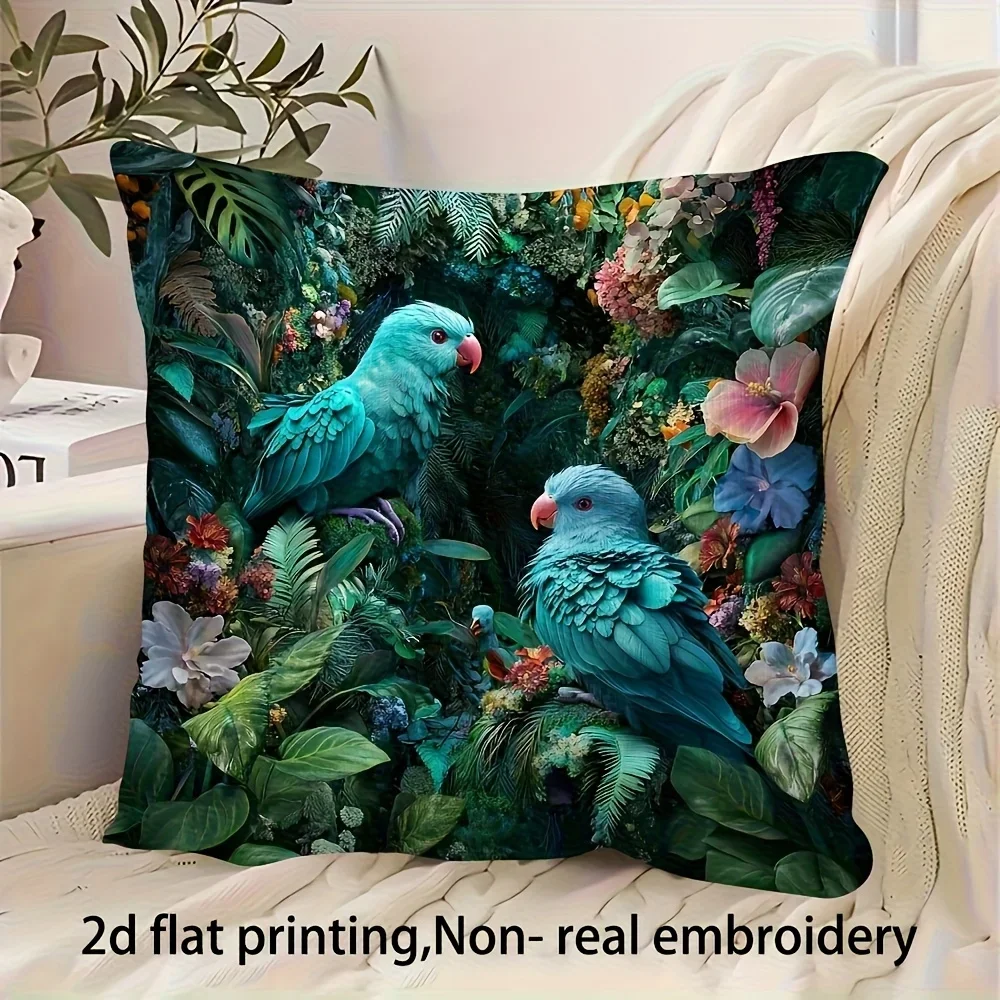 1Pc Tropical Parrot Cushion Cover Blue Green Floral Pillowcase For Sofa Bed Home Decor Throw Pillow Case 2D Flat Printing