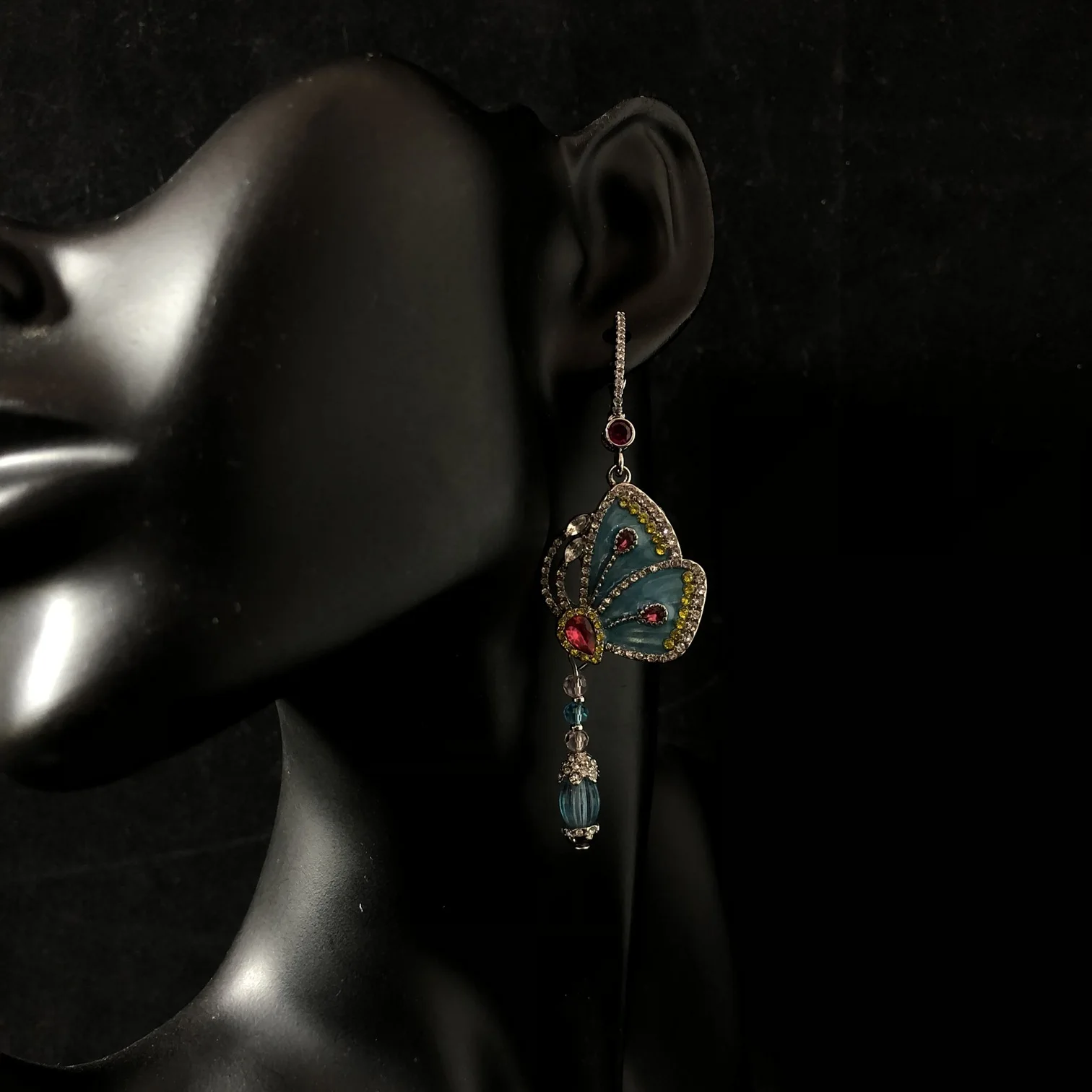 Teardrop tassel blue glaze butterfly earrings Stunning ear stud