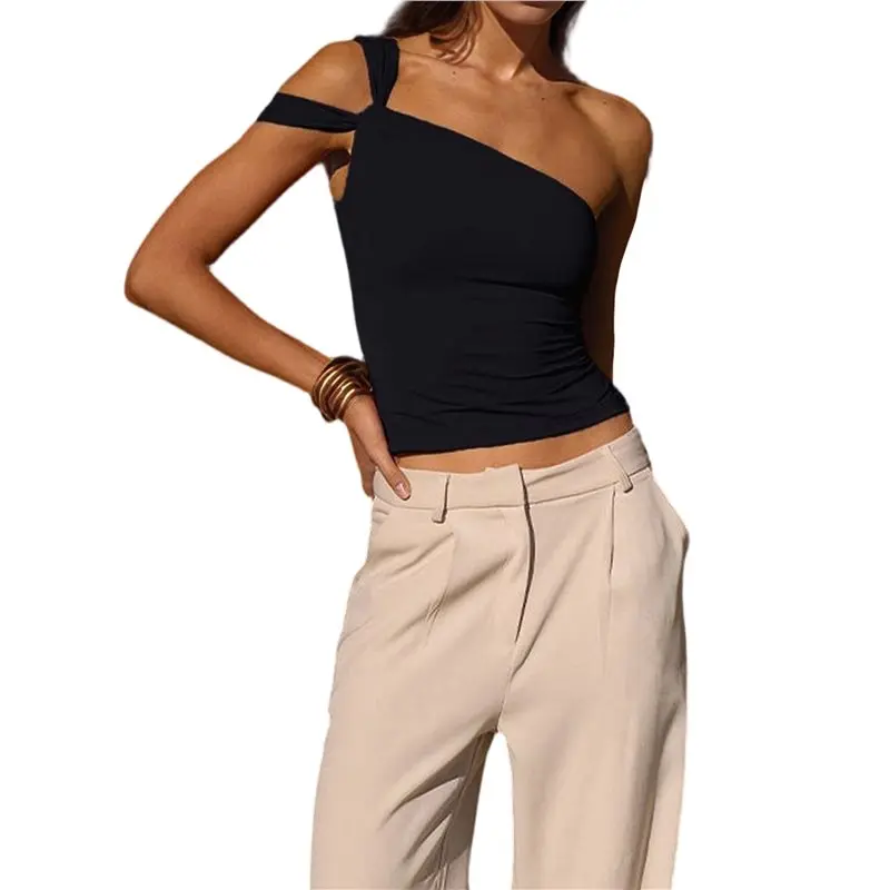 Women's One Shoulder Asymmetric Strapless Tube Top Fitted Y2k Tank Top Going Out Outfits Black M-A74P