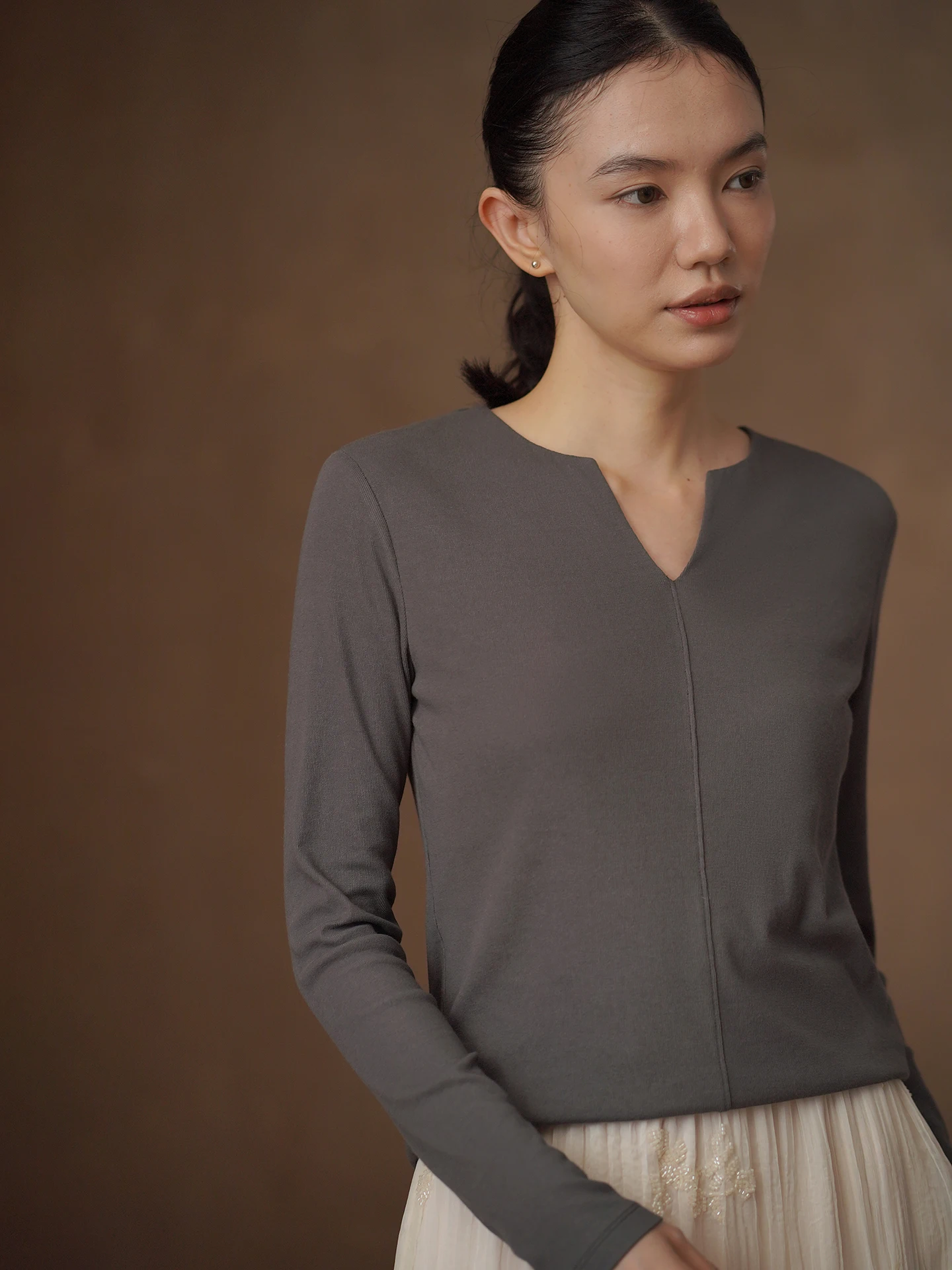 Slimming Long Sleeve T-Shirt Cotton Feel V-Neck Commute New Partner Soft Cotton Sensation Mid-Cut Tear Split Women's Top