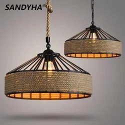 SANDYHA Nordic Vintage Hemp Rope Pendant Light Dining Living Bar Cafe Home Decor Lamp Creativity Round Iron Chain LED Chandelier