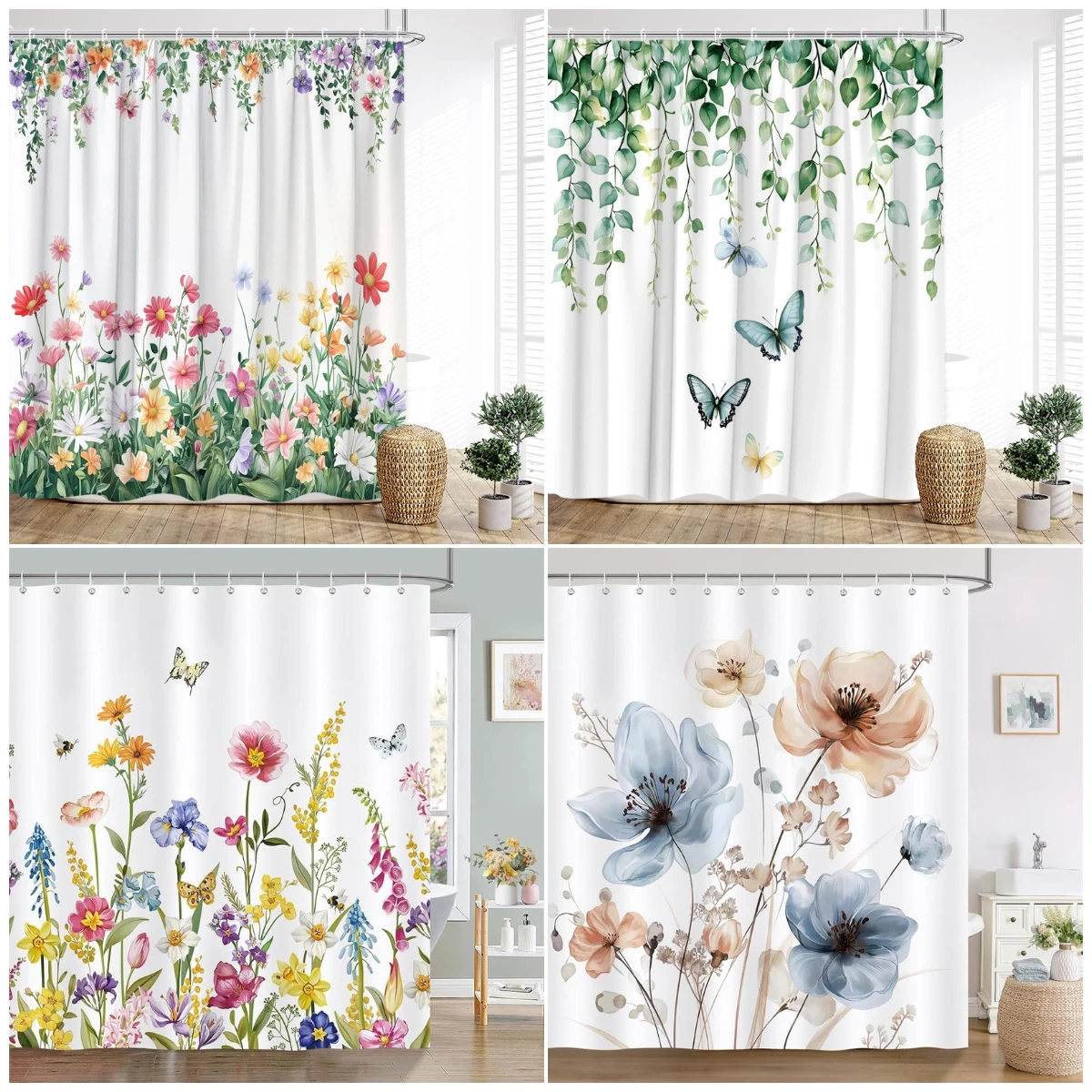Floral Shower Curtains Yellow Flower Plant Butterfly Spring Wildflower Bath Curtain Polyester Fabric Bathroom Decor with Hooks