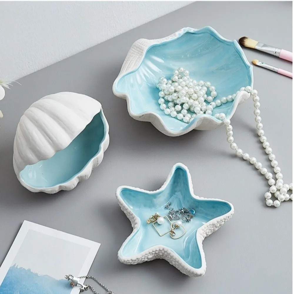 Decorative Tray Coastal Ceramic Trinket Dish Starfish Conch Conch Storage Plate Sea Shells Ceramic Tray Jewelry Key Organizer