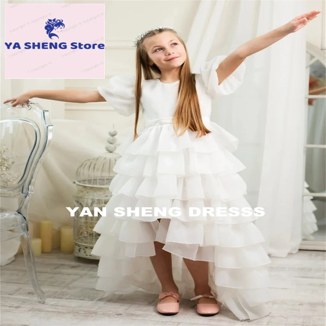 

Customized White Satin Tiered With Bow Flower Girl Dresses High-low Skirt Short Sleeve For Wedding Birthday Party First Communio