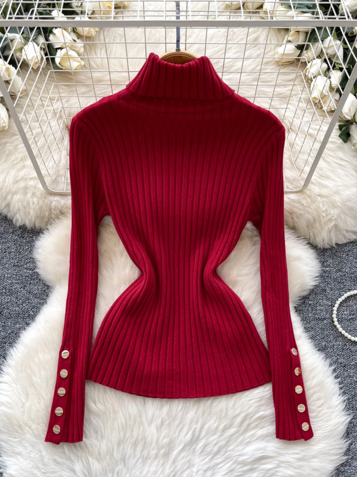 Slim Fit Long Sve Knitted Sweater Women's Metal Button Neline Vertical Stripe Pattern Versatile Base Layer Top