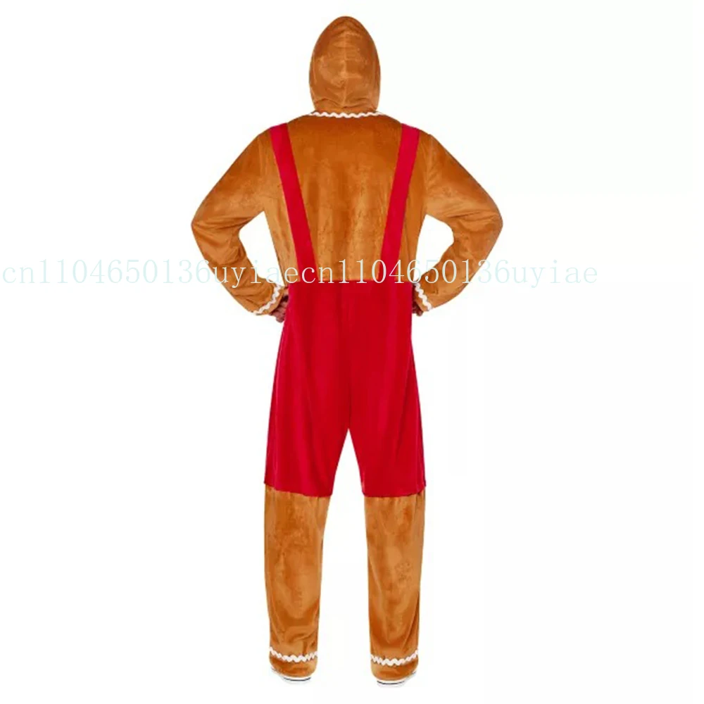 Mulheres homens natal cosplay trajes gingerbread homem manga longa bowtie botão com capuz macacões trajes de festival