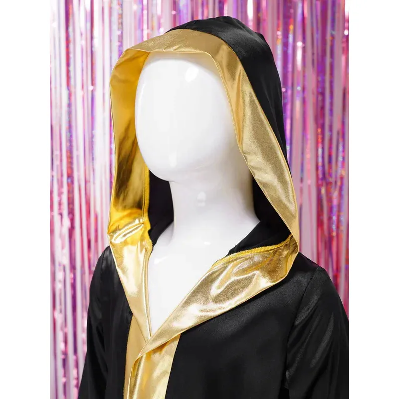Kids Boys Boxing Robe Halloween Party Boxer Cosplay Costume Long Sleeve Open Front Metallic Trim Satin Hooded Cloak with Belt FH