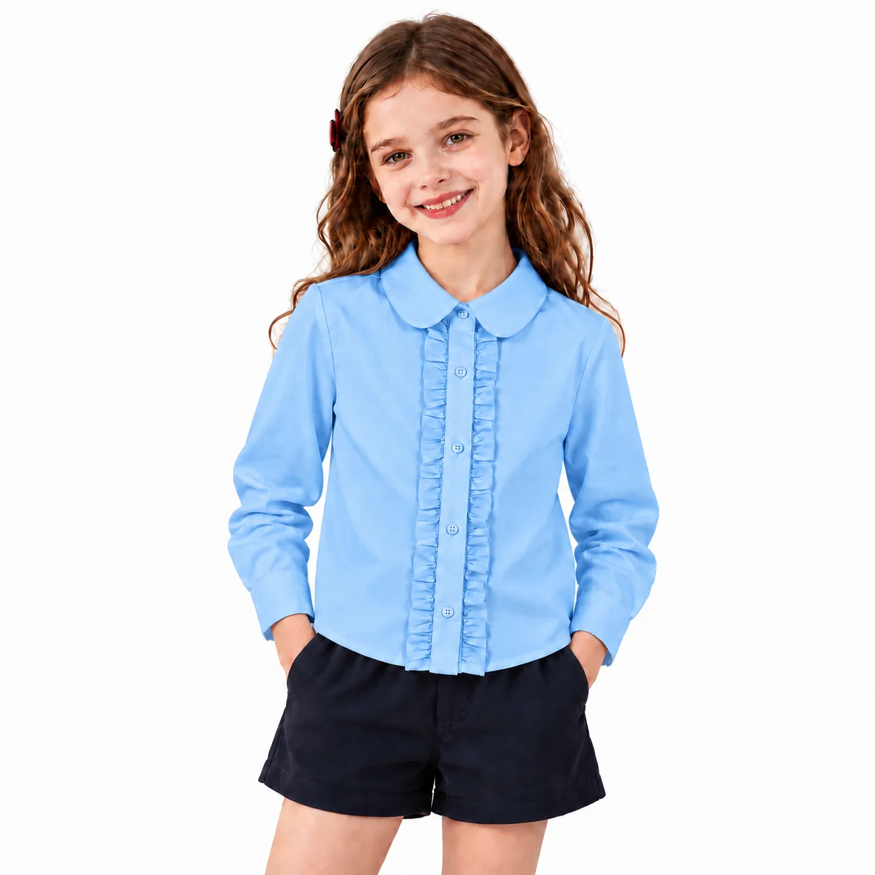 Kids Long Sleeve Shirt Peter Pan Collar Front Ruffle Trim Button Placket Smooth Woven Fabric School Uniform Blouse
