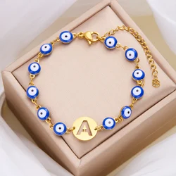 Lucky Turkey Evil Eye Bracelet For Women Men A-Z 26 Initials Alphabet Blue Eye Stainless Steel Metal Chain Bangles Luck Jewelry