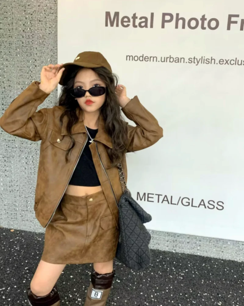 Teenage Girl Spring and Autumn Set Fashion New Style Children's Elegant Leather Jacket+Short Skirt 2-piece Set