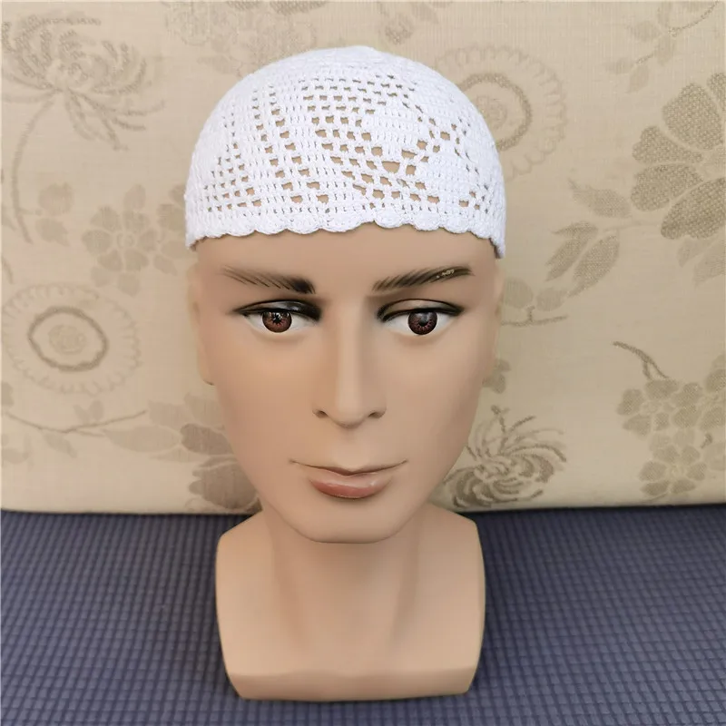 New Summer White Pure Handmade Hooked Prayer Hat Prayer Saudi Arabian Men\'s White Knitted Hat Wrapped with Headband as BottomHat