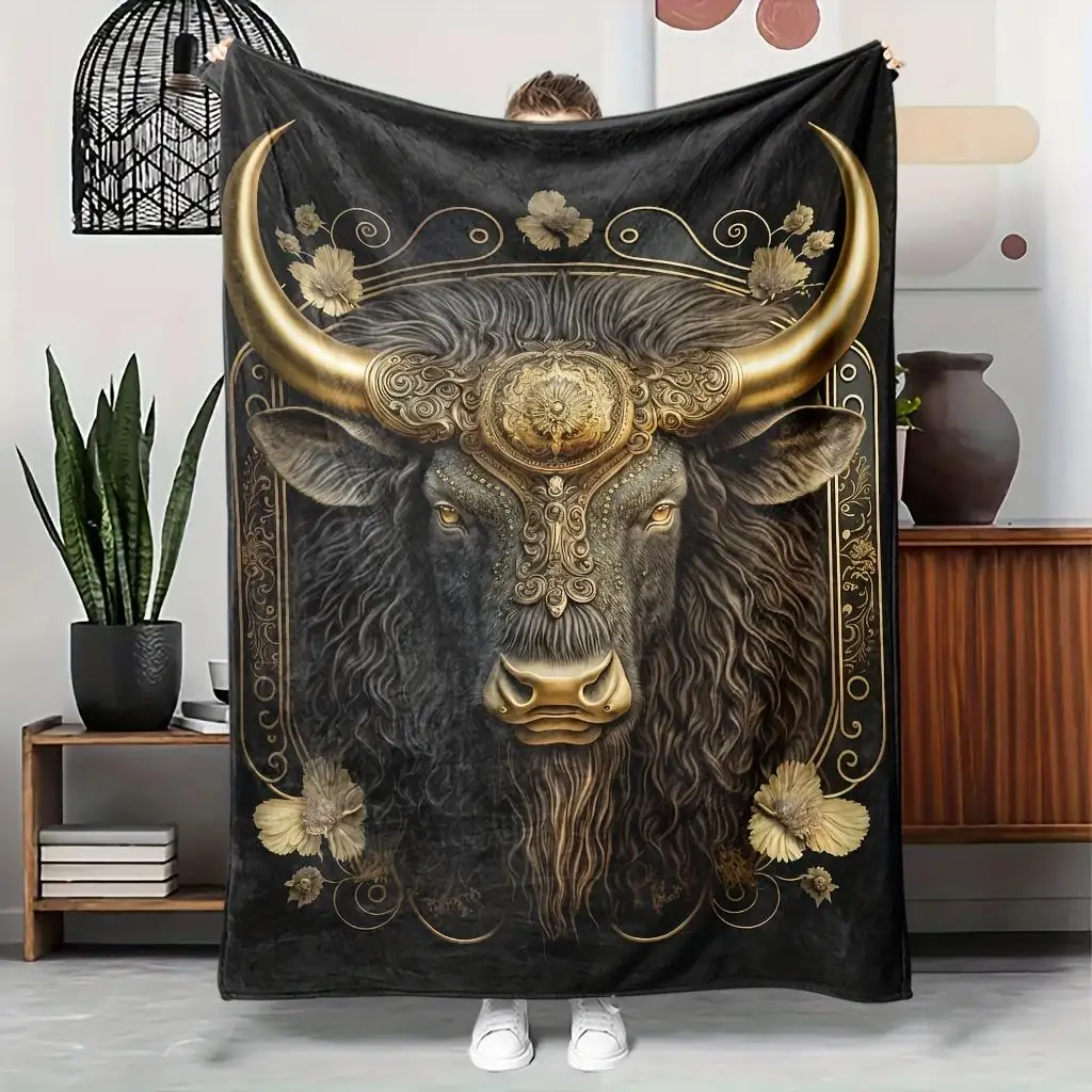 Golden bison check pattern Flannel printed blanket suitable for all seasons suitable for living room office sofa and travel
