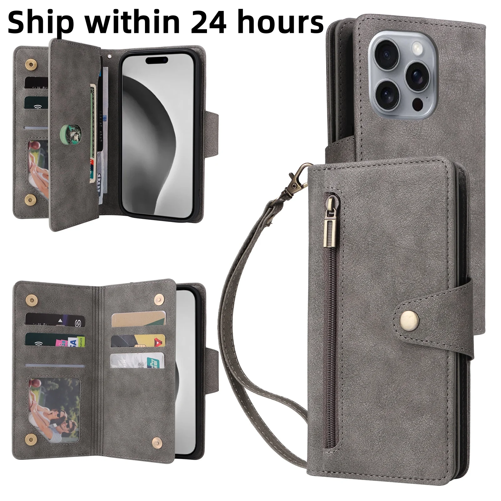 

CAESBON Wallet Leather Phone Case For Iphone 16 Pro Max 16 Pro 16 Plus 16 Rivet Buckle Zipper For Funda Iphone 16 Phone Cases