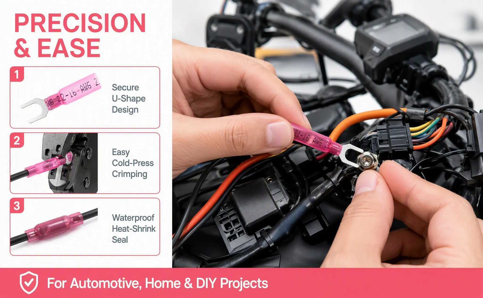 100pcs Heat Shrink Fork Terminal Connectors, Splashproof Pre-Insulated U-Shaped Crimp Wire Connectors for DIY