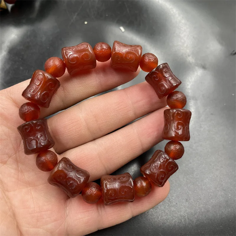 Tibetan Retro Distressed Three-Eye Dzi Agate-Tube Beads Bracelet-Grain Carved