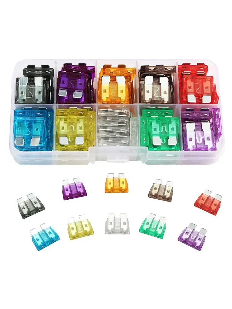 

100 Piece Standard Blade Fuse Assortment Kit - Multiple Colors & Amp Ratings with Storage Case