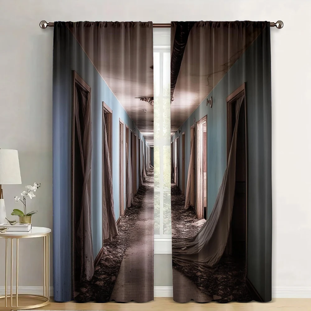 

2Pcs Rustic Curtains Retro Shabby Building Interior Dormitory Apartment Corridor Patterned Curtains Living Room Bedroom Window