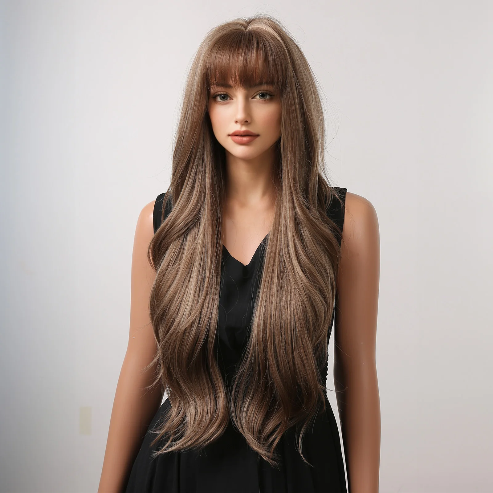 TopShe  28 Inch Long Wave Wig with Bangs for Woman Brown Synthetic Wig with Blonde Highlights Heat Resistant Loose Wave Daily Wear Natural Looking Ash Brown Layered Hair Soft Silky Natural Bio-Scalp Wigs