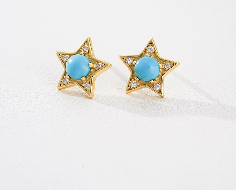 

925 Silver Natural Turquoise Five-points Star Ear Stud 6m Genuine Blue Stone Bead Tiny Huggie Hoop Earring For Women Men Jewelry