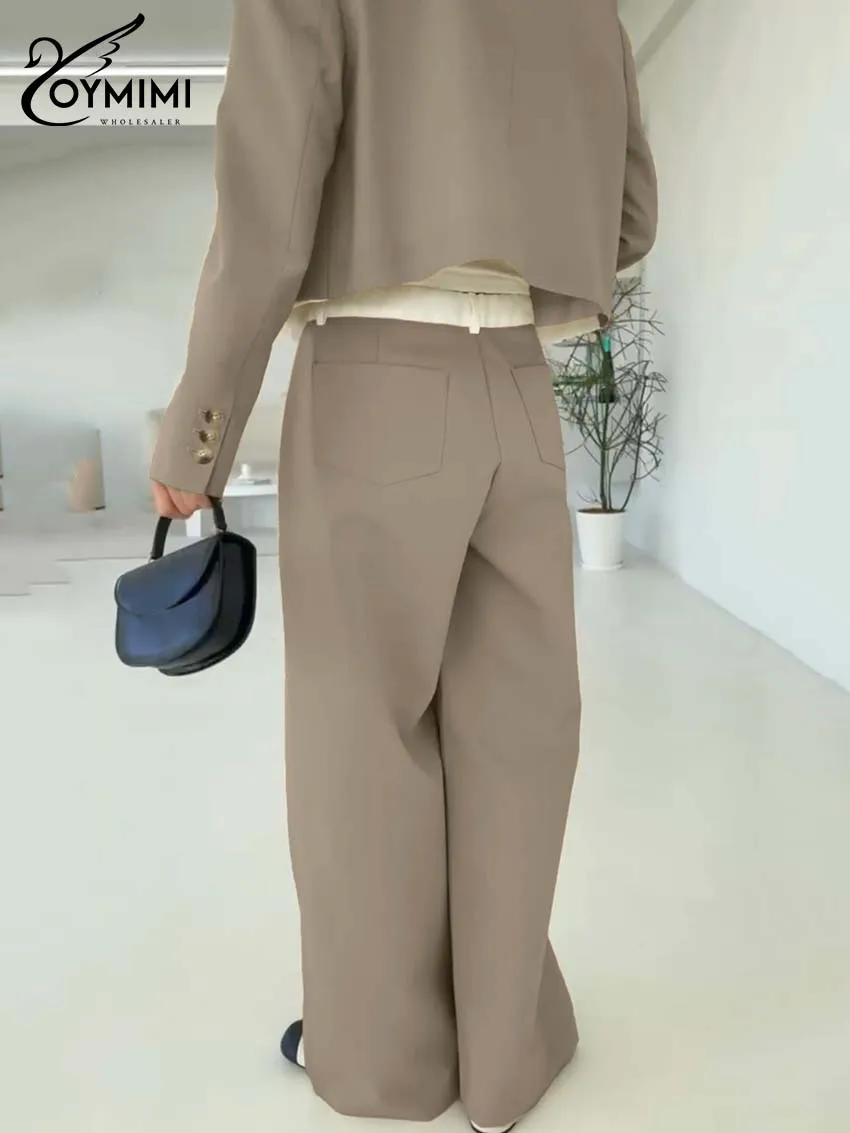 Oymimi Elegant Khaki Patchwork 2 Piece Sets Women Outfit Elegant Long Sleeve Single Button Pockets Shirts And Straight Pants Set