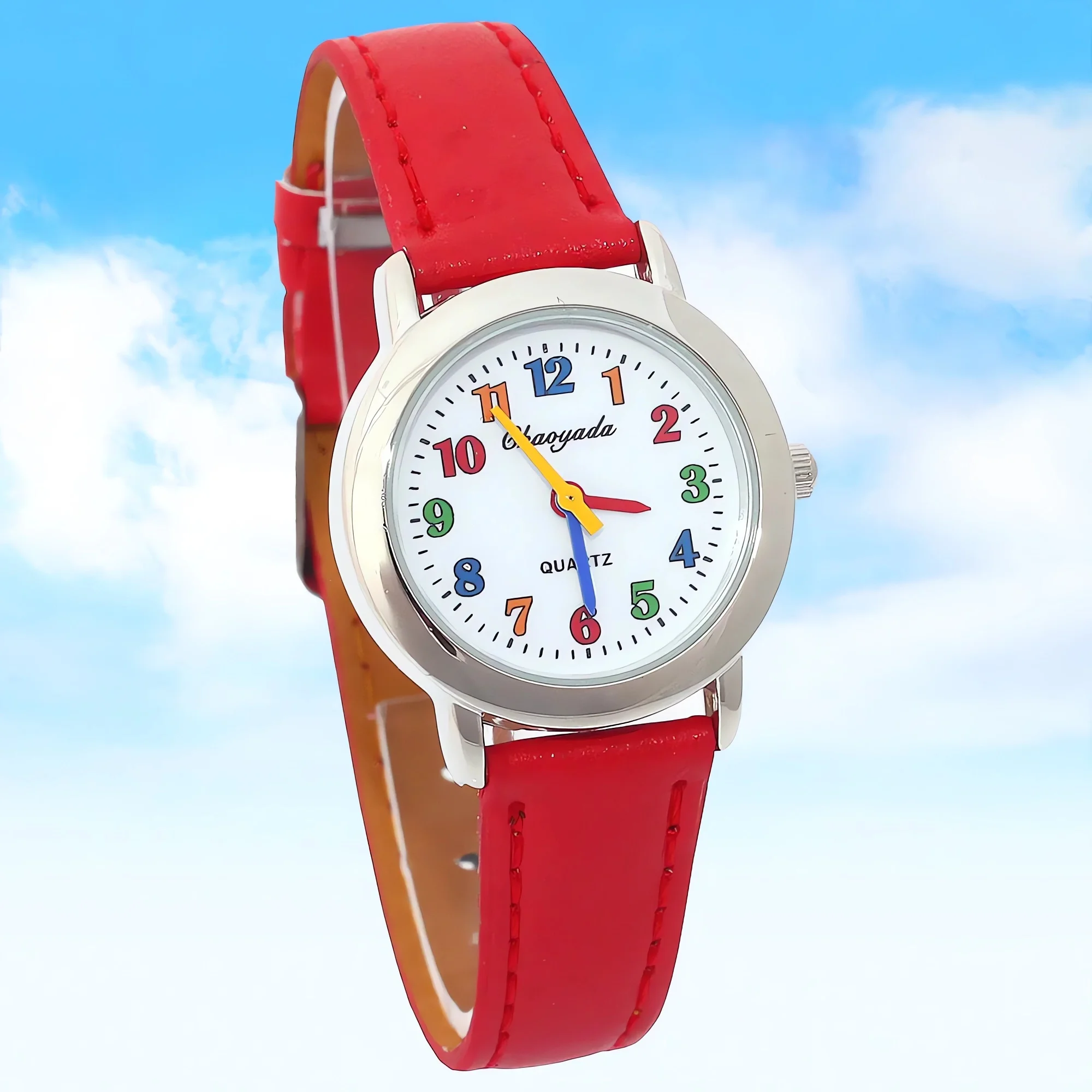 Colorful Leather Quartz Watch for Girls Kids Wristwatch Student Ladies Timepiece Fashionable Accessory for Children