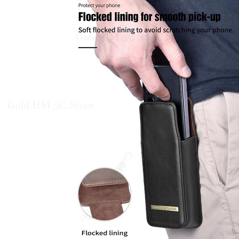 Leather Phone Case For Samsung Galaxy Z Fold6 5 Magnetic Flip Phone Pouch For Galaxy Z Fold 6 4 3 2 Belt Holster Cover Waist Bag