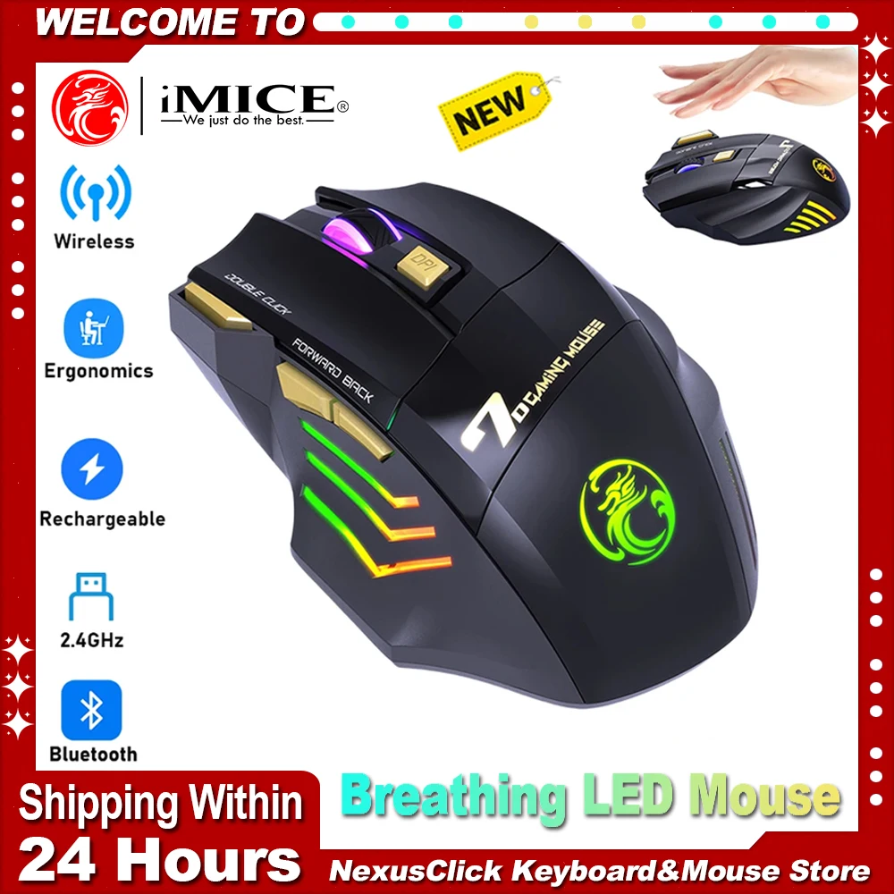 

Wireless Gaming Mouse USB 3200DPI Dual Mode Rechargeable 7Keys 2.4G Bluetooth Silent Mouse Ergonomic Breathing LED Esports Mice