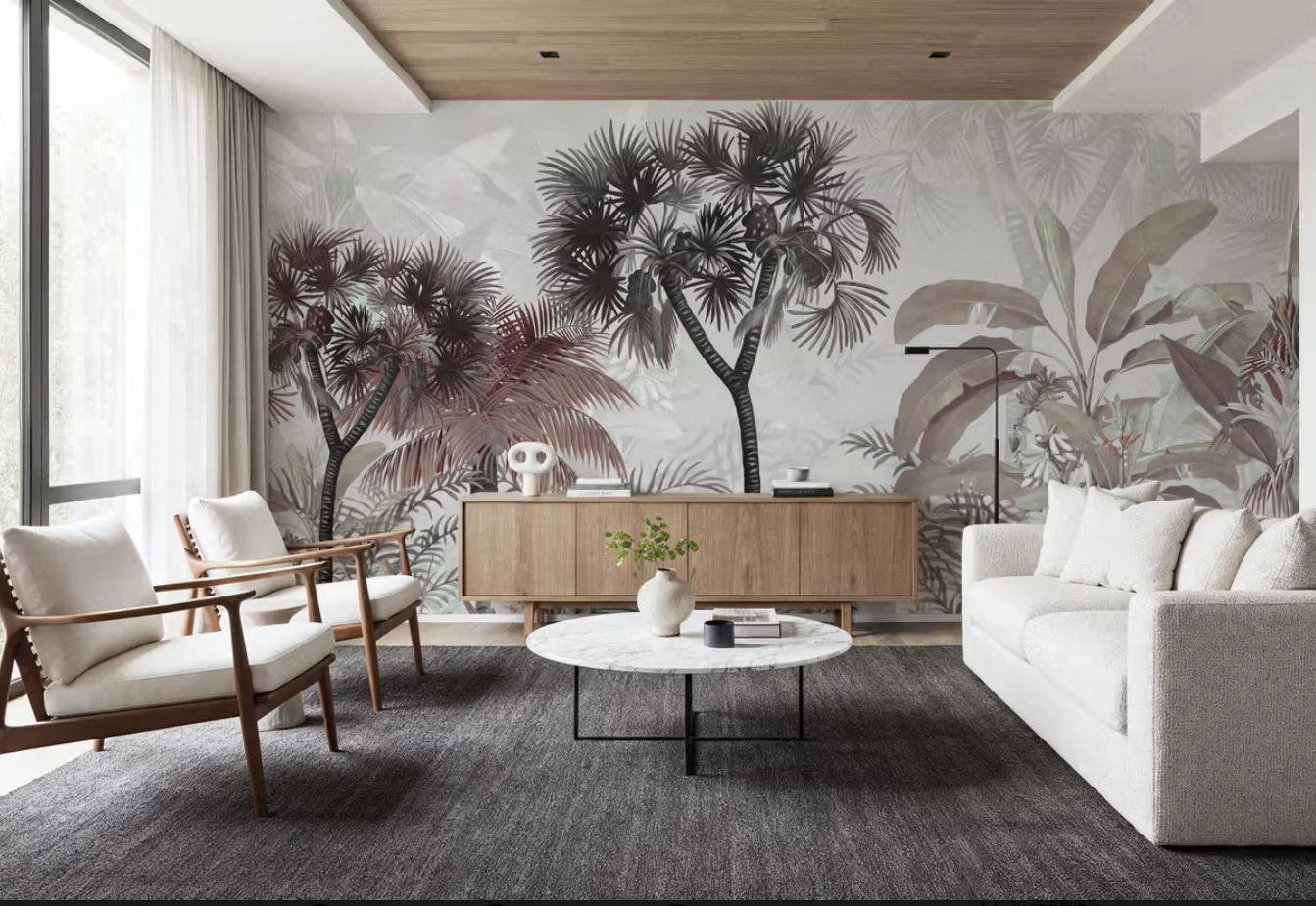 Custom sized murals featuring palm trees and dense ferns, green leaf wallpaper for corridors, living rooms, bedrooms, and murals