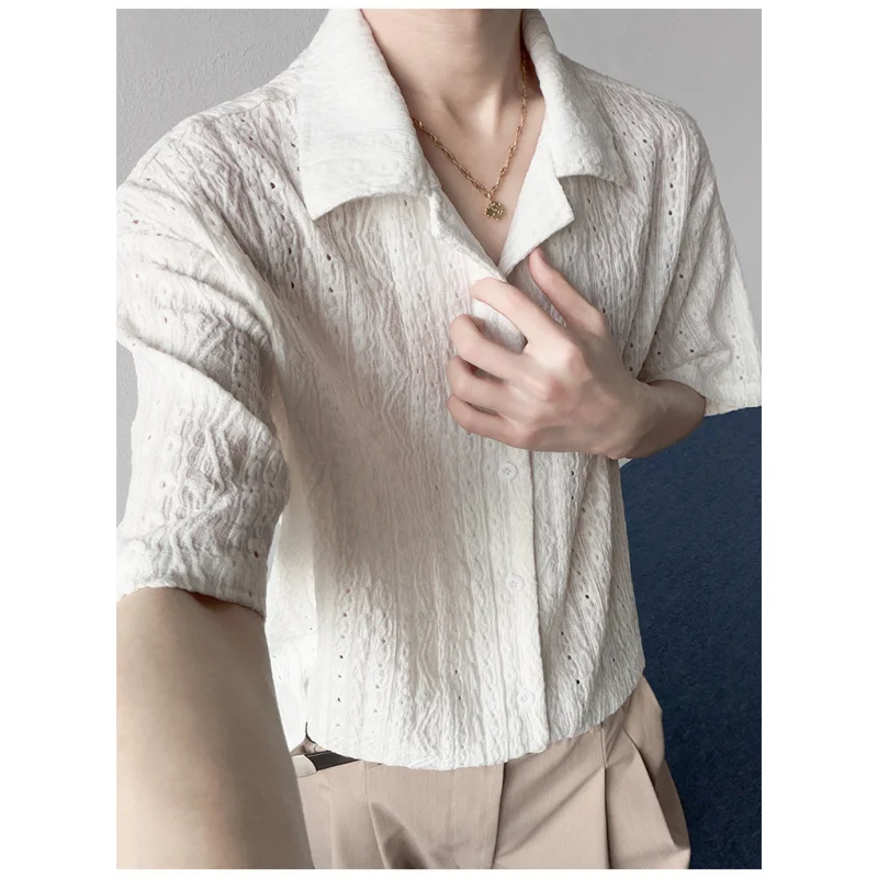 2026  Men Summer Retro Fashion Ice Silk Cool Feeling Hollow Out Short Sleeve Shirt Cuban Collar American Style Loose Casual Top