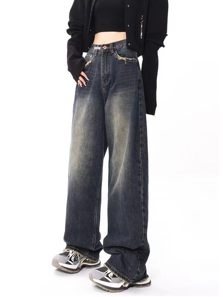 

Vintage Denim Trousers Women Casual High Waist Jeans Female Harajuku Wide Leg Pants Ladies Casual Straight Baggy Jean Streetwear