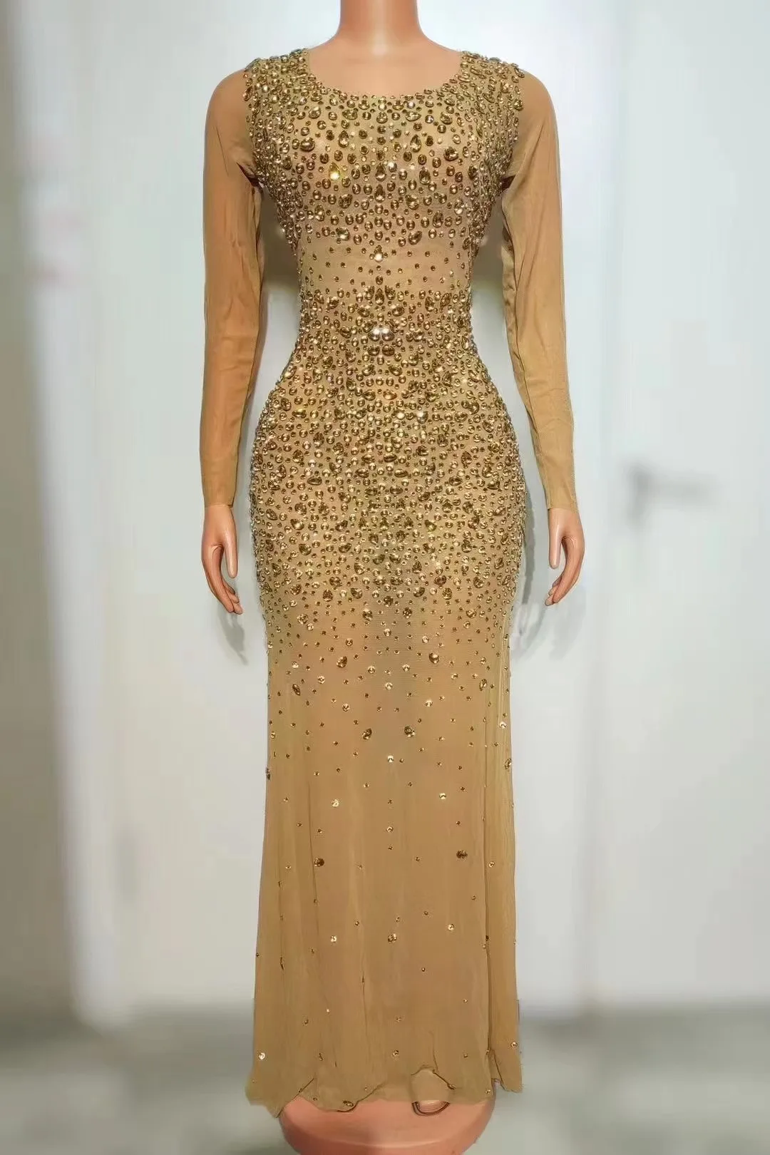 Women Sexy Stage Sparkly Gold Rhinestones Long Dress Mesh See Through Celebrate Evening Prom Birthday Photo Shoot Dress