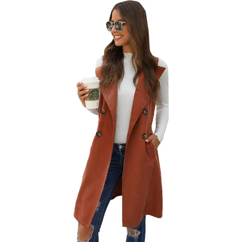 Women\'s Double Breasted Long Vest Jacket Casual Sleeveless Pocket Outerwear Longline Brown