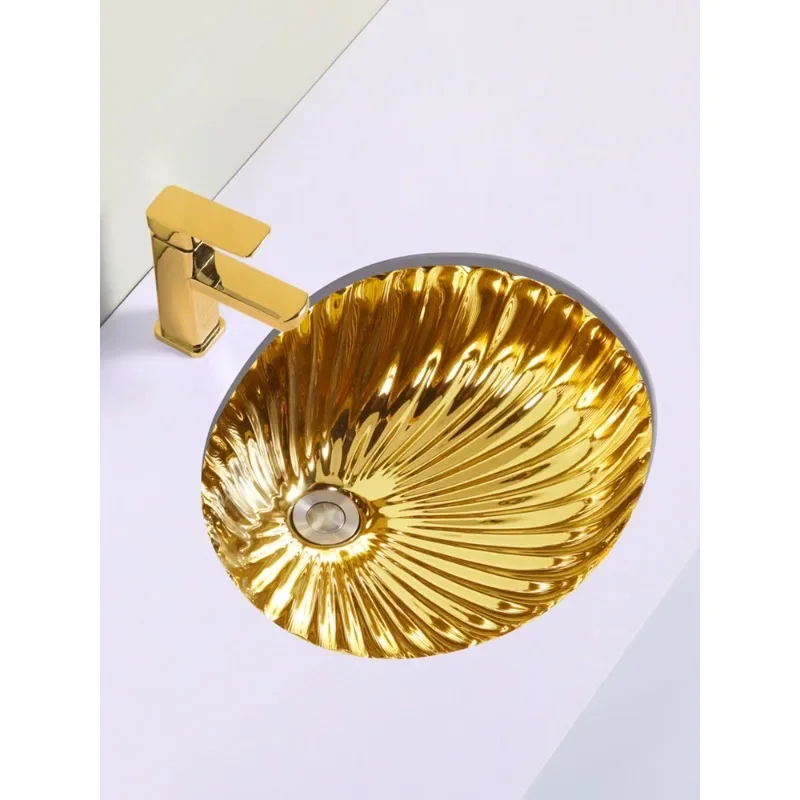 Electroplated colored gold silver ceramic sink with embedded European style bathroom cabinet and circular washbasin