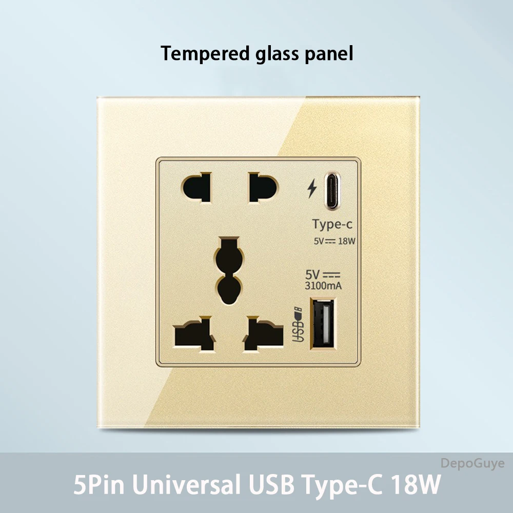 Gold Universal Tempered Glass Wall Socket,UK 13A power outlet with USB Type C 18W Quick Charge,Home Light Electric Switch Panel image 3