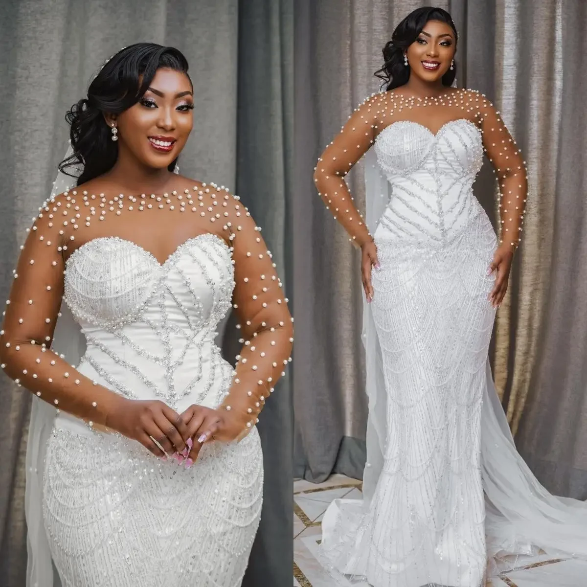 Vestidos de novia personalizados, vestidos de novia de sirena con perlas, lentejuelas, cuentas, mangas largas, cuello redondo, cola de barrido de princesa personalizada para novia