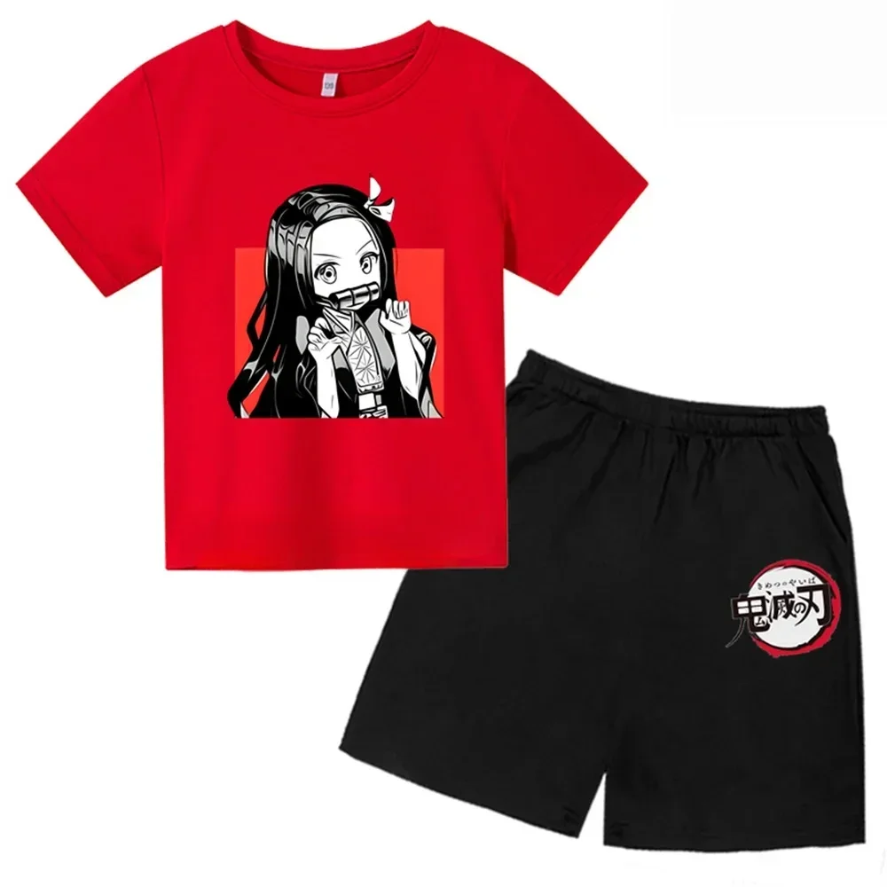 Brand Anime Demon Slayer Kamado Nezuko Print Kids Cotton T-Shirts Shorts Set Girls Clothes Baby Boys 2024 Summer Children Set