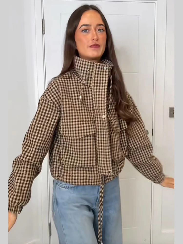 Casual Edgy Brown Checkered Cropped Jacket Drawstring High Collar Chic Women Outerwear Autumn Fashion Female Streetwear