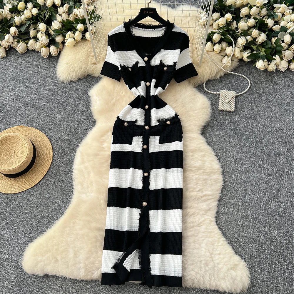 

YuooMuoo Brand Fashion Elegant Single-breasted Knitted Long Dress 2025 Spring Summer Wrap His Bodycon Swetaer Dress Lady Vestido