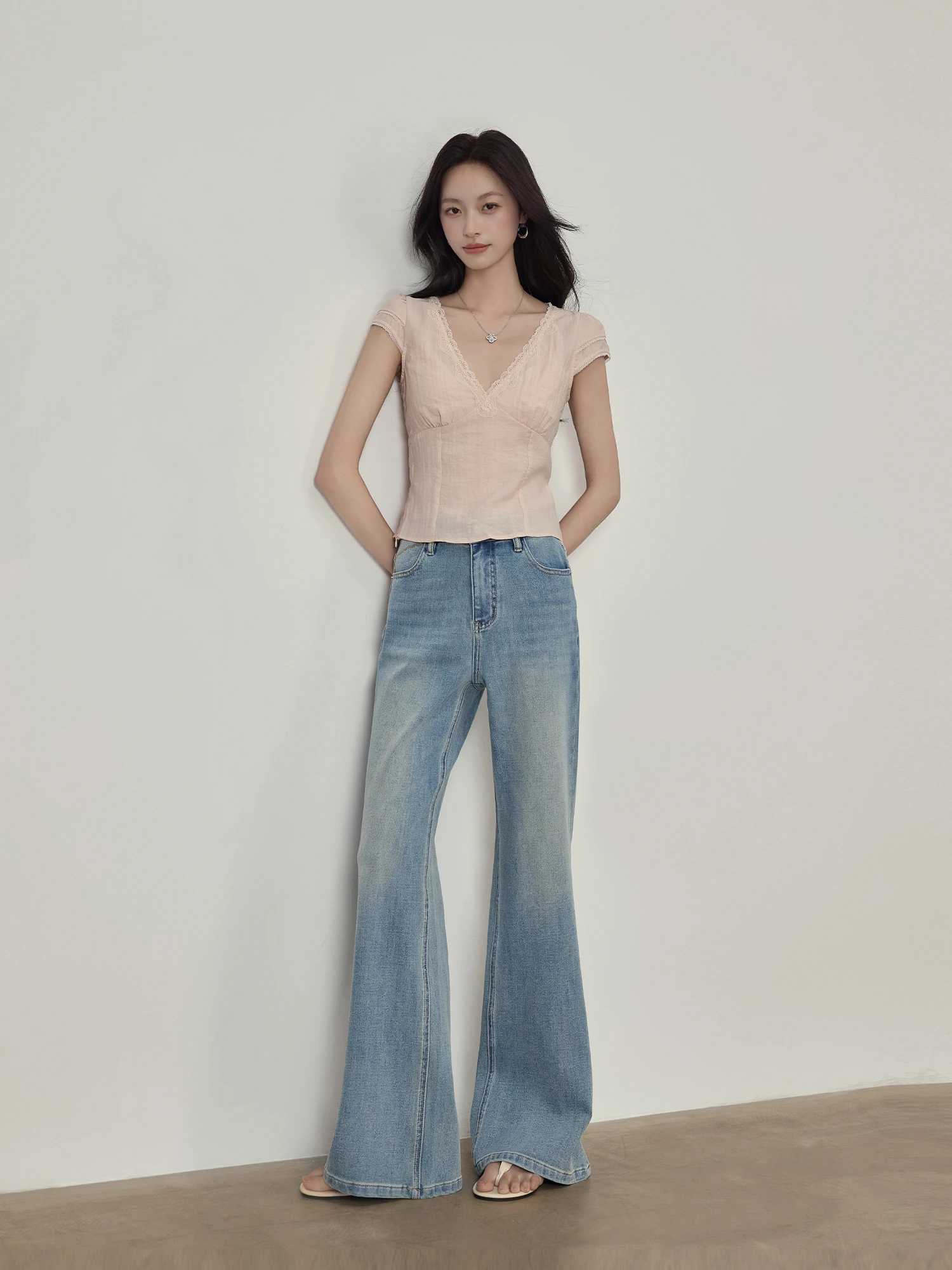 Blue High Waist Bell Bottom Jeans Women's Summer Slim Fit Four Way Stretch Casual Cotton Denim Pants High Rise Flared Trousers