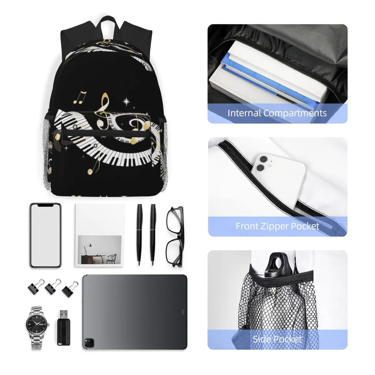 Piano Keyboard Music Notes Student Backpack School Bag Hiking Travel Daypack for Men Women Fashion Bookbag Shoulder Bags