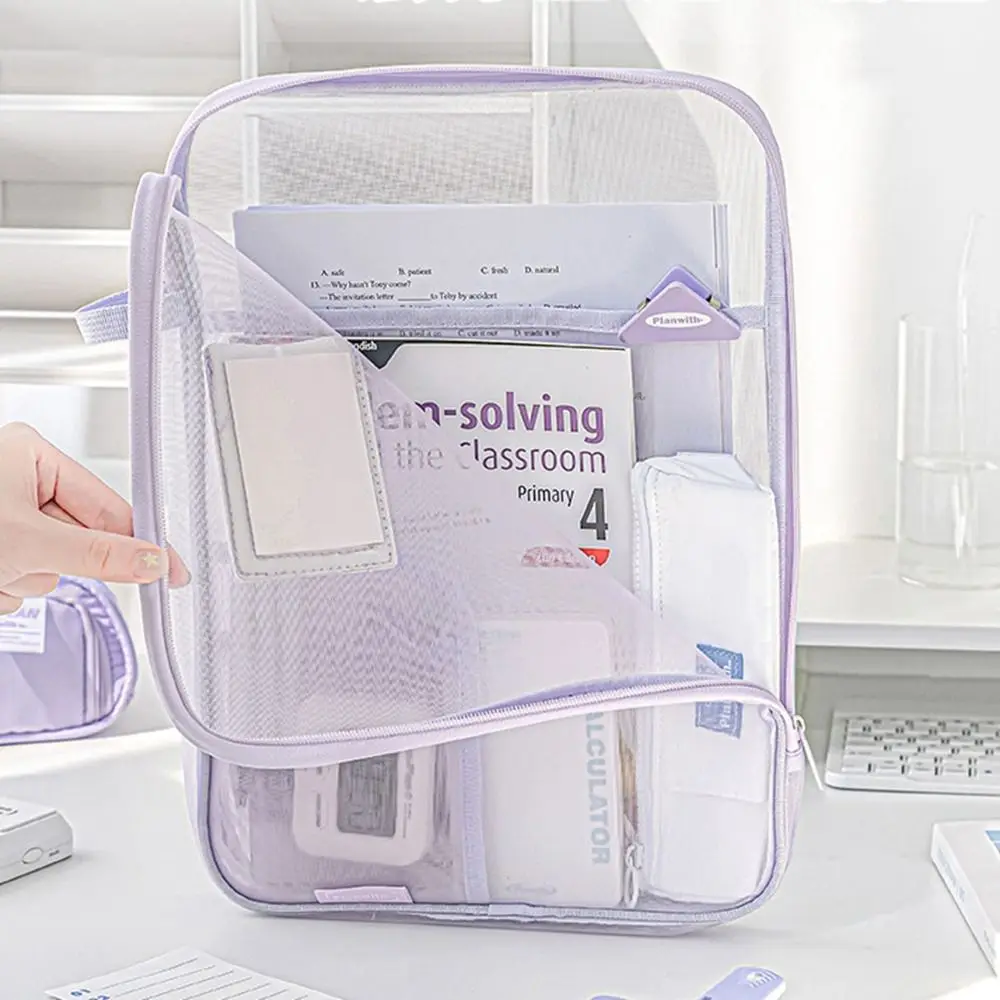 

A4 Nylon Mesh File Bag Multifunctional Transparent File Folder Bag Large Capacity Solid Color Stationery Organizer Pouch