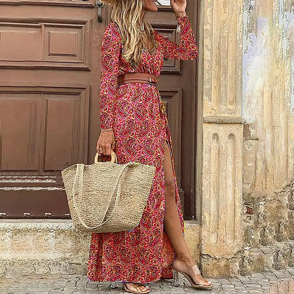 Boho Floral Print Maxi Dress V Neck Krótki rękaw Smocked Letnie sukienki z paskiem dla kobiet 2023