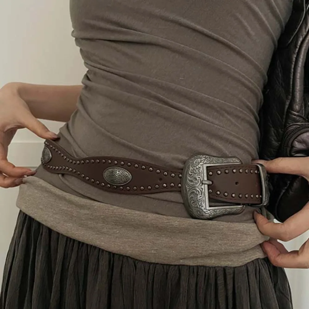 

Versatile Cool Black Rivet Belt American Style Wide PU Vintage Waistband Adjustable Hip-hop Coffee Y2K Belt Party