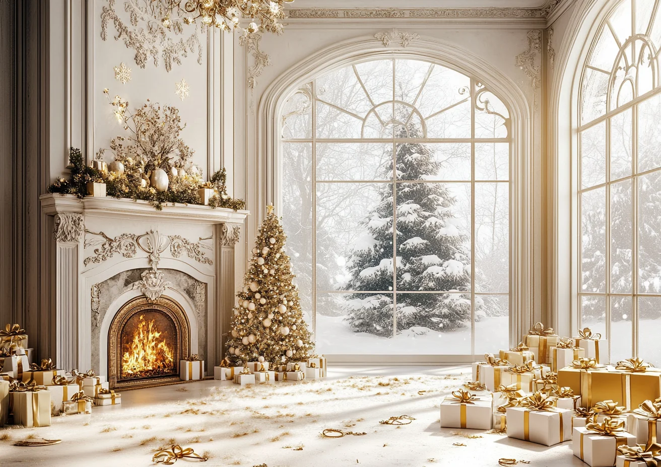 Latar Belakang Perapian Natal Bingkai Foto Barlot Emas Dekorasi Latar Belakang Lilin Pohon Natal Studio Foto Keluarga Anak-anak
