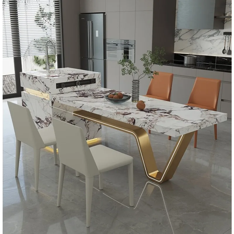 Rock slab island dining table integrated high-end villa light luxury stone large flat floor open west kitchen middle guide