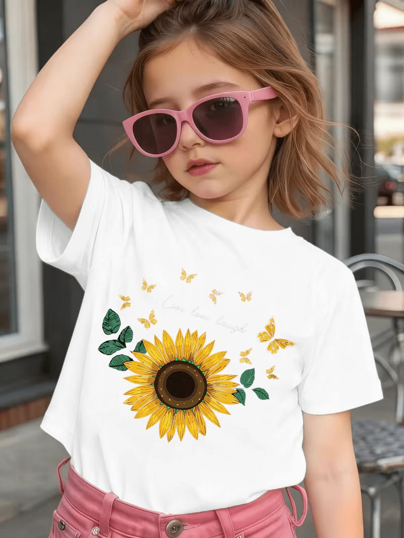 Sunflower Butterfly T Shirt Inspirational Floral Pattern Tops Boys Girls Parent Child Matching Cotton Summer Children Daily Wear