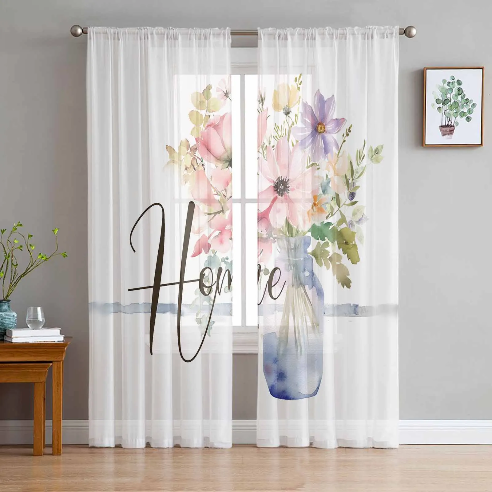 Watercolor Flowers Vase Tulle Curtains for Living Room Bedroom Modern Chiffon Sheer Voile Kitchen Window Curtain