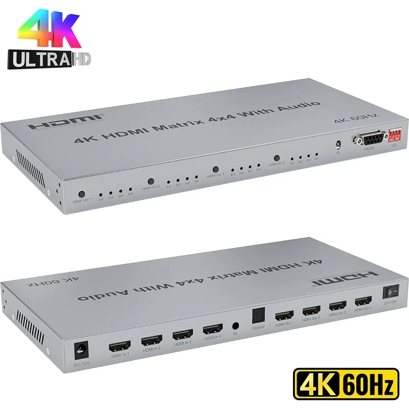 4K@60Hz HDMI Matrix Switch 4x4 with Audio Extractor 4 in 4 out HDMI 2.0 Matrix Switcher Splitter Selector box HDR HDCP2.2 18Gbps
