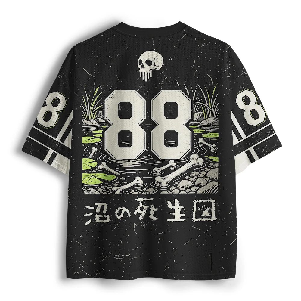 Breathable Mesh V-neck T-shirt with Dark Gothic Skull Frog Lotus Print, Japanese Kanji Street Style for Adults and Children